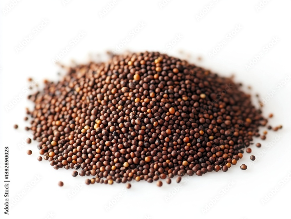 Pile of Tiny Brown Mustard Seeds on a White Background in Sharp Focus for Culinary and Agricultural Uses Pile of Tiny Brown Mustard Seeds on a White Background in Sharp Focus for Culinary and Agricultural Uses