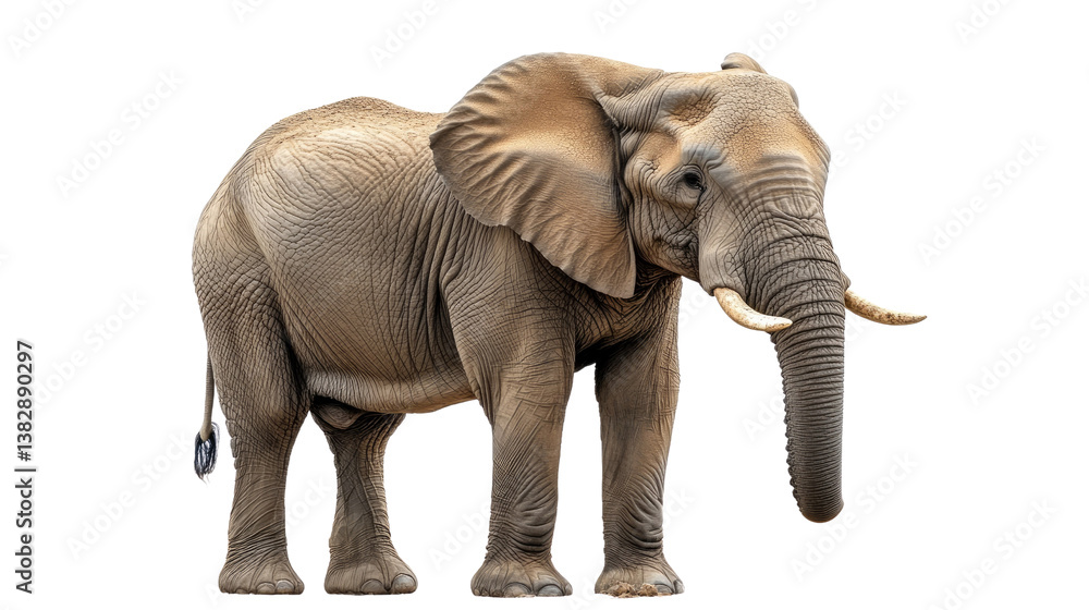 Obraz premium Majestic African Elephant: A solitary, adult African elephant showcases its impressive size and detailed features, standing gracefully against a clear backdrop.