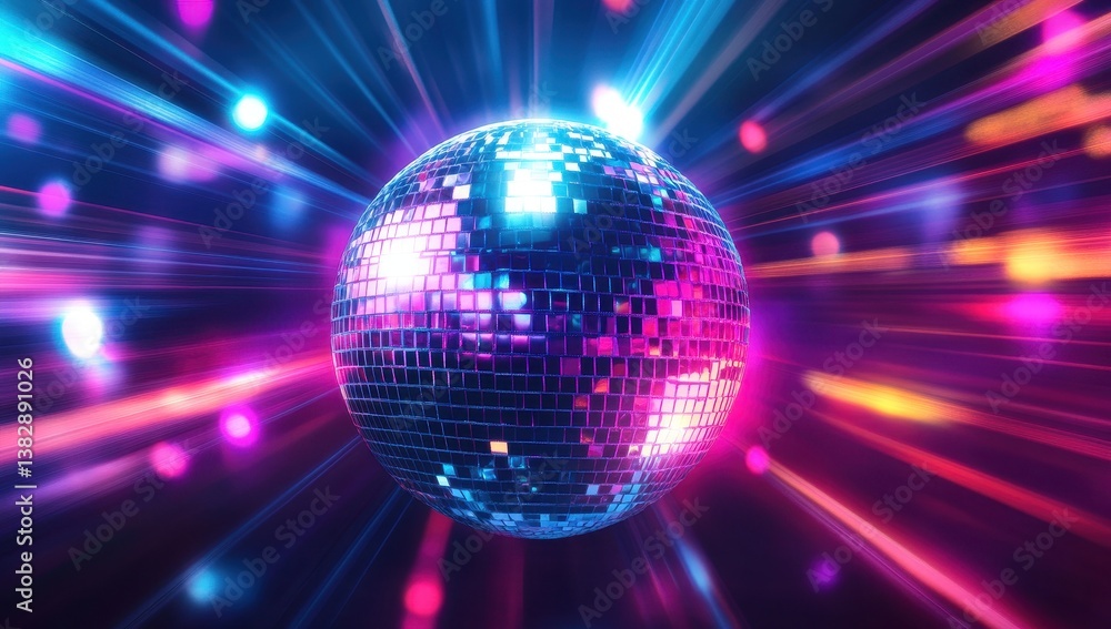 Disco ball in vibrant neon lights. Dynamic, colorful, and reflective Disco ball in vibrant neon lights. Dynamic, colorful, and reflective
