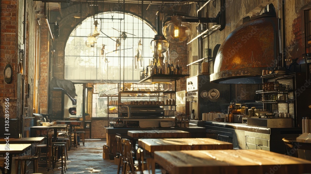 The rustic charm of a country bakery with a brick oven, wooden tables, and golden light streaming in, bringing warmth and a detailed atmosphere to the space.