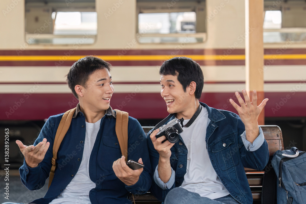 Fototapeta premium Excitement and Discovery in Travel. Friends express joy while discussing their travel experiences.