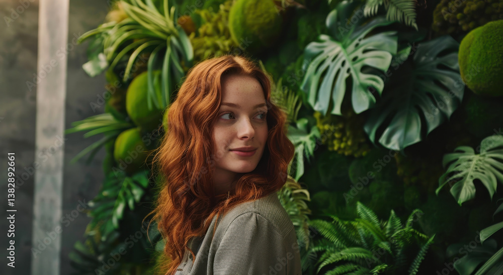 A woman stands next to an intricately designed living wall made of moss and ferns in a vibrant indoor environment A woman stands next to an intricately designed living wall made of moss and ferns in a vibrant indoor environment