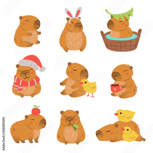 Set of 9 cute capybara illustrations in flat pastel style: drinking coffee, in bunny ears, in bath, with Santa hat, with chicks, chewing leaves, and more. Perfect for kids and seasonal designs.