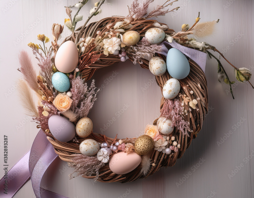 A close-up of an Easter wreath decorated with dried flowers, pastel ribbons, and small hand-painted eggs. A close-up of an Easter wreath decorated with dried flowers, pastel ribbons, and small hand-painted eggs.