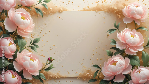 Luxury floral wedding invitation background with pink peonies and golden frame, elegant blank card template for multiple events, romantic vintage-style decorative border, soft pastel aesthetic design