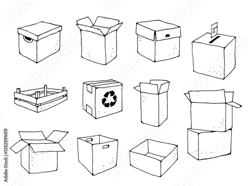 Boxes for different purposes in one vector set, hand drawn illustration