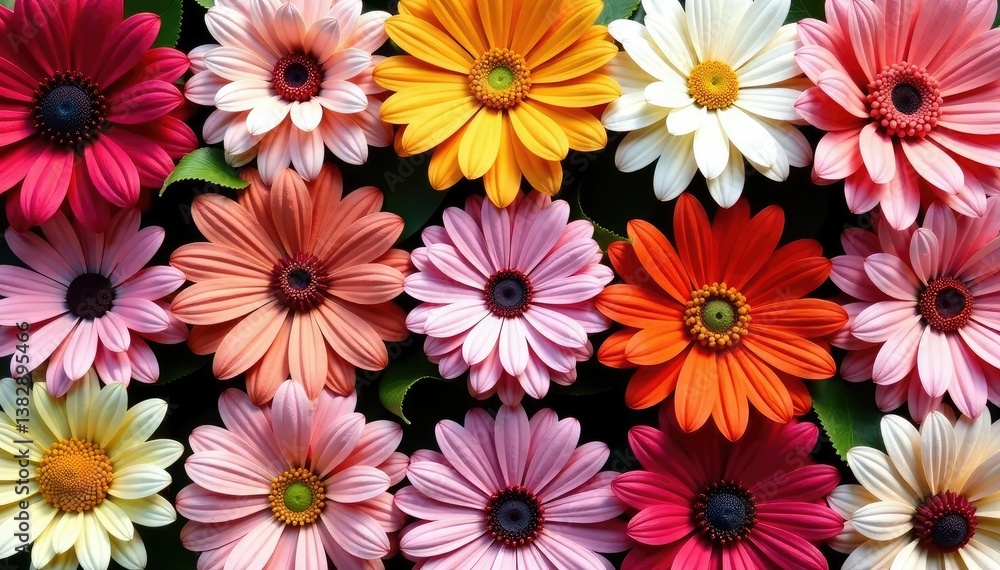 Bold floral blooms arranged in a square grid pattern , spring, botanical Bold floral blooms arranged in a square grid pattern , spring, botanical
