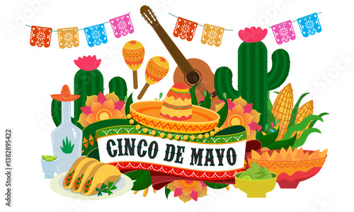 Cinco de Mayo holiday banner with traditional Mexican items cacti, sombrero, maracas with guitar, food taco, guacamole, nachos and tequila. 5 de Mayo or the fifth of May. Celebration Mexican victory