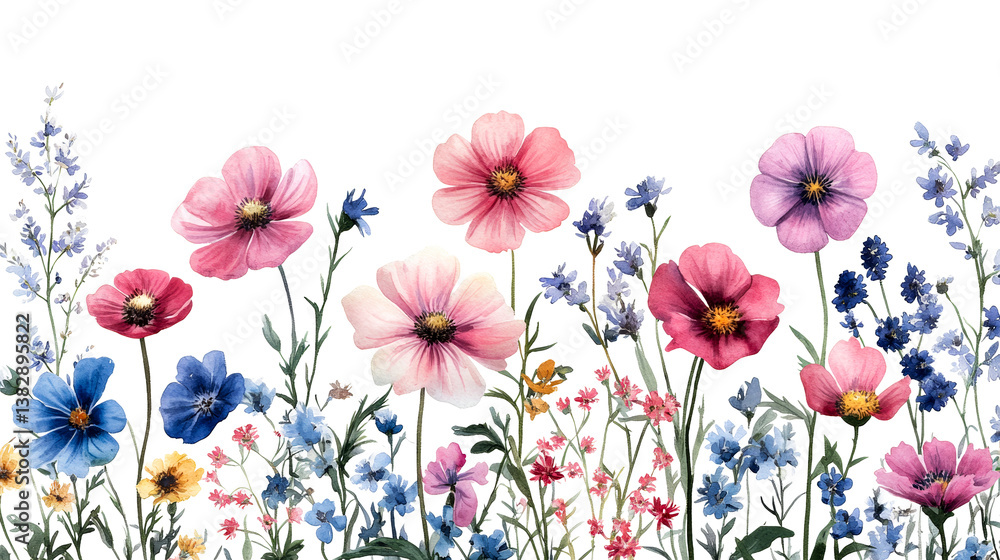 Obraz premium Watercolor painting of flowering meadow with colorful blossoms, cut out transparent
