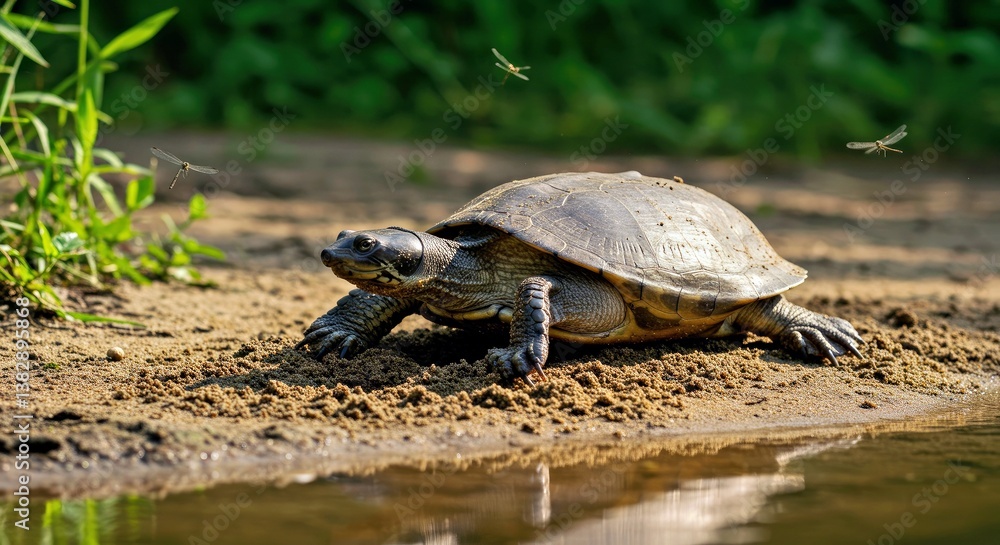 Fototapeta premium A Chinese Softshell Turtle Carefully Using Its Webbed Claws to Dig a Nest in the Damp Sand of a Secluded Riverbank-