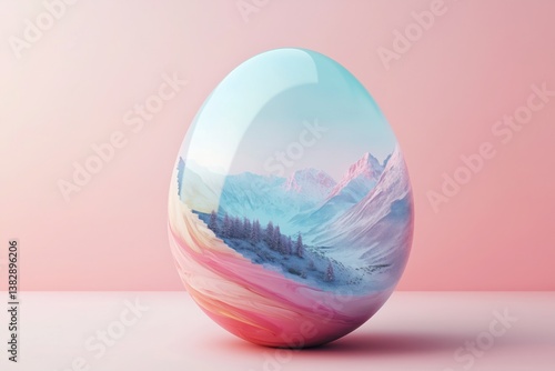 3D Rendered Easter Eggs with Pastel Internal Landscapes on Soft Background, Minimalist Banner Design for Spring Holiday Concepts