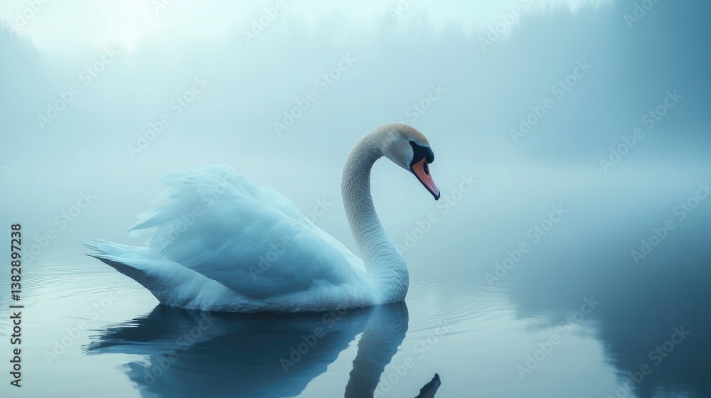 Fototapeta premium Swan Swimming Calmly on Misty Lake Water with Forest Background