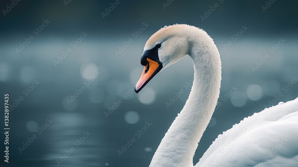 Fototapeta premium Swan Swimming in Water with Droplets on Feathers in Serene Setting