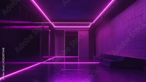 Modern Interior Design, Purple Neon Lighting, Empty Hallway.  Possible use Stock photo for architecture, interior design, technology, or futuristic concepts