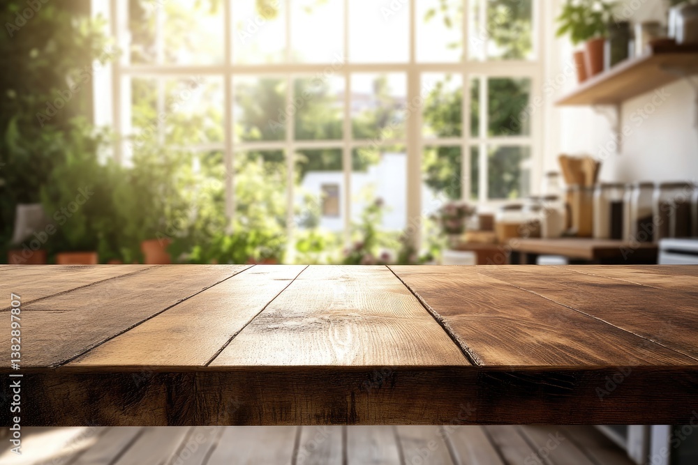 Wooden table, bright sunlight, kitchen view Wooden table, bright sunlight, kitchen view