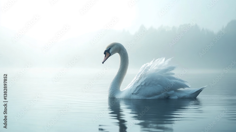 Fototapeta premium White Swan Swimming Calmly on Lake During Misty Morning Scenery
