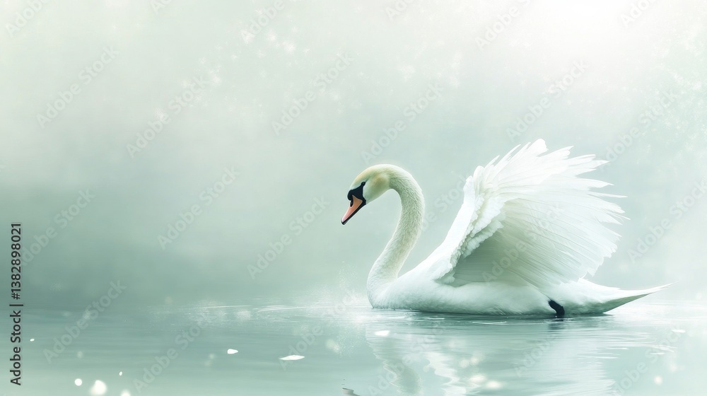 Obraz premium Graceful White Swan Swimming Peacefully on Calm Water in Soft Light