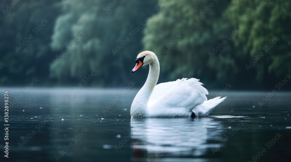 Fototapeta premium Swan Swimming on Calm Lake with Mist and Forest Backdrop