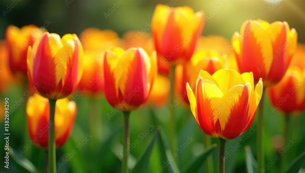 Bold, graphic tulips in vibrant orange & yellow, bright, background Bold, graphic tulips in vibrant orange & yellow, bright, background