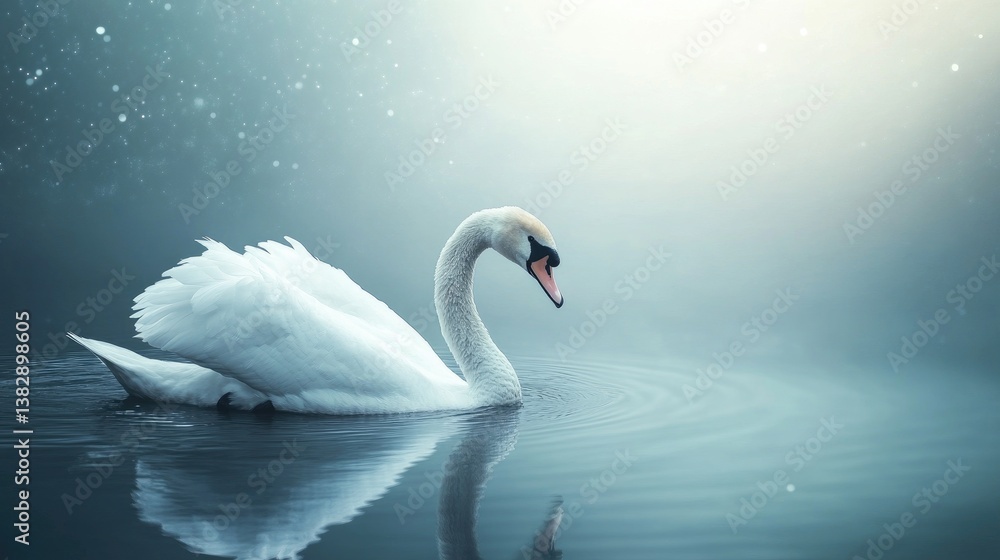 Fototapeta premium Elegant White Swan Swimming Calmly in Water with Reflection and Light
