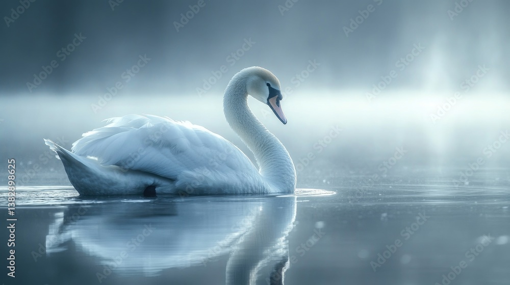 Fototapeta premium Swan Swimming Peacefully on Misty Lake Reflecting Light in Water