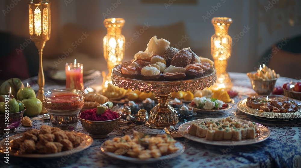 Festive Table Setting with Traditional Desserts and Warm Candlelight Festive Table Setting with Traditional Desserts and Warm Candlelight