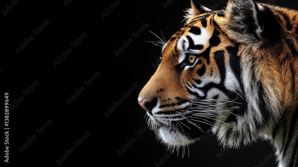 Fototapeta premium Tiger Close-up Profile View on Black Background Showing Detailed Fur