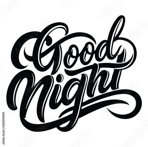 Good Night line art icon sign sketch freehand outline silhouette vector illustration on white background with fun brush ink typography for photo overlays t-shirt print flyer poster design 