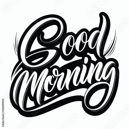 Good Morning line art icon sign sketch freehand outline silhouette vector illustration on white background with fun brush ink typography for photo overlays t-shirt print flyer poster design 