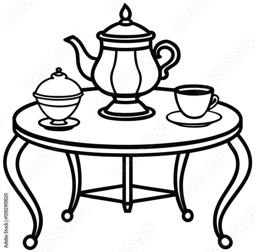 White ceramic teapot and cups, a hot tea or coffee beverage set, isolated kitchen dishware on wooden table is a simple furniture object for home or office design