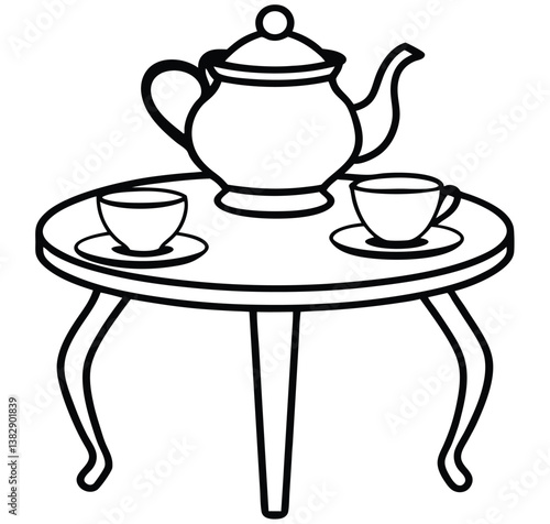 White ceramic teapot and cups, a hot tea or coffee beverage set, isolated kitchen dishware on wooden table is a simple furniture object for home or office design
