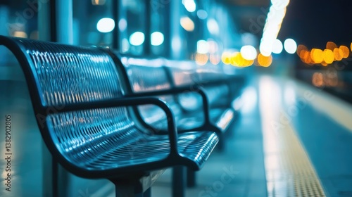 Empty Benches at Night on Train Platform with Bokeh Lights