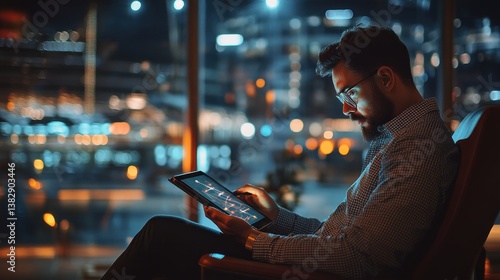 Man Using Tablet in Relaxing Chair with City Night View