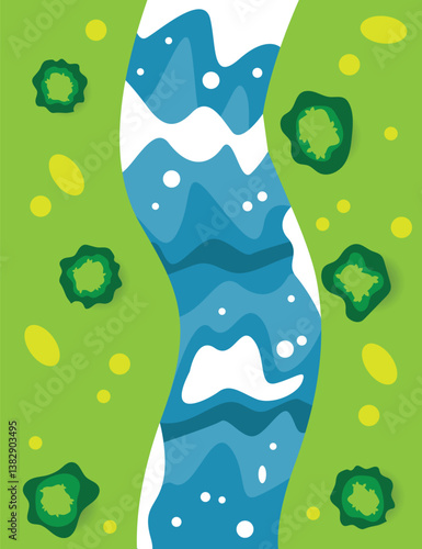 Brook Flowing through a Forest Top View Flat Style. Nature and landscapes concept vector art