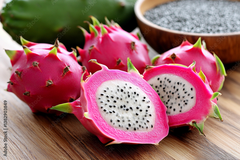 Close view of ripe pitaya dragon fruit showcasing vibrant pink skin and white flesh with seeds Close view of ripe pitaya dragon fruit showcasing vibrant pink skin and white flesh with seeds