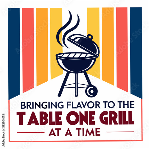 Bbq Grill Illustration With Stripes And Bold Text Celebrating Flavorful Outdoor Cooking