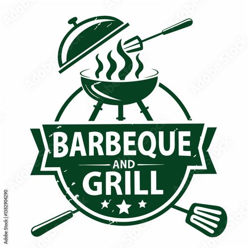Vector Graphic Of Green Barbecue Grill Design With Cooking Utensils And Stars