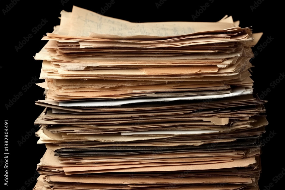 Piled business documents showcasing intricate details and organization challenges in a professional environment Piled business documents showcasing intricate details and organization challenges in a professional environment