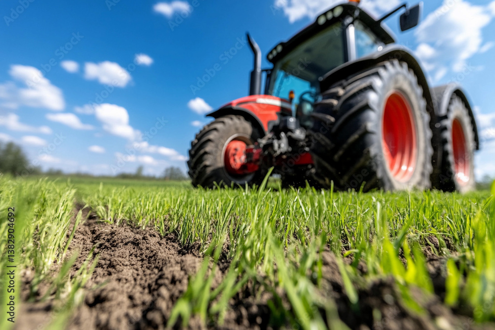 Close-up view of a tractor efficiently plowing a lush green field under a clear blue sky