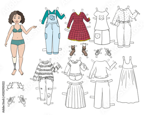 A vector paper doll with a prosthesis on the right leg, a printable coloring page