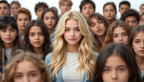 Focused Group Looking Forward with Central Blonde Haired Young Woman