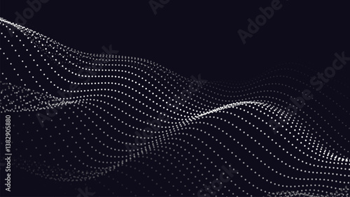 Wave of flowing particles on a dark background. Abstract backdrop with dynamic elements of waves and dots. Vector