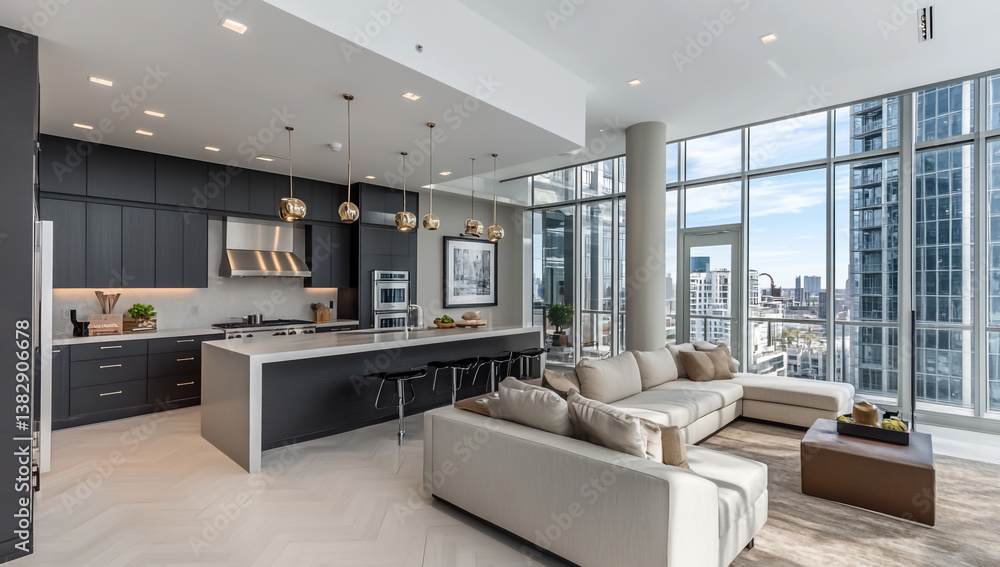 Modern apartment with kitchen and living room, a neutral color scheme Modern apartment with kitchen and living room, a neutral color scheme