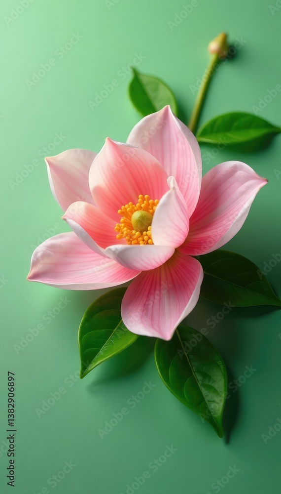 Fototapeta premium Delicate flower petals unfolding on a plain surface, leafy greens, plant, green