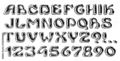 Chrome display font. Typeface with bubble balloon effect. Y2K playful alphabet. Silver wavy groovy letters. Bold metal typescript. Rounded font with reflections
