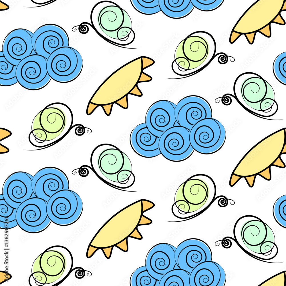 Obraz premium Stylized Butterflies Sun Clouds Seamless Pattern Freehand Summer Abstract Background Texture concept