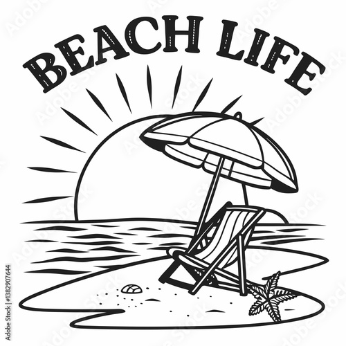 Black And White Beach Life Scene With Chair Umbrella And Starfish