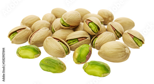 A heap of pistachios PNG with some shells open and some pistachios without shells on a transparent background