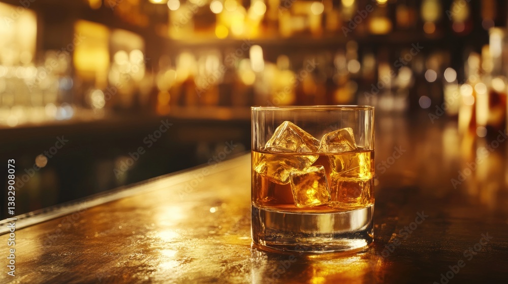 Whiskey Glass with Ice Cubes at Bar Nightlife Alcohol Beverage Whiskey Glass with Ice Cubes at Bar Nightlife Alcohol Beverage