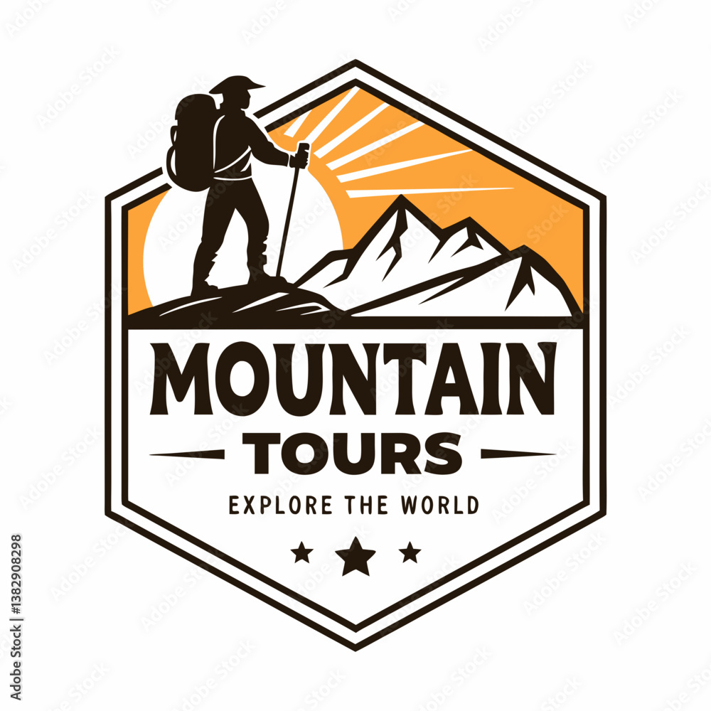 Mountain Tours Logo Design Featuring Hiker Silhouette And Mountain Peaks Mountain Tours Logo Design Featuring Hiker Silhouette And Mountain Peaks